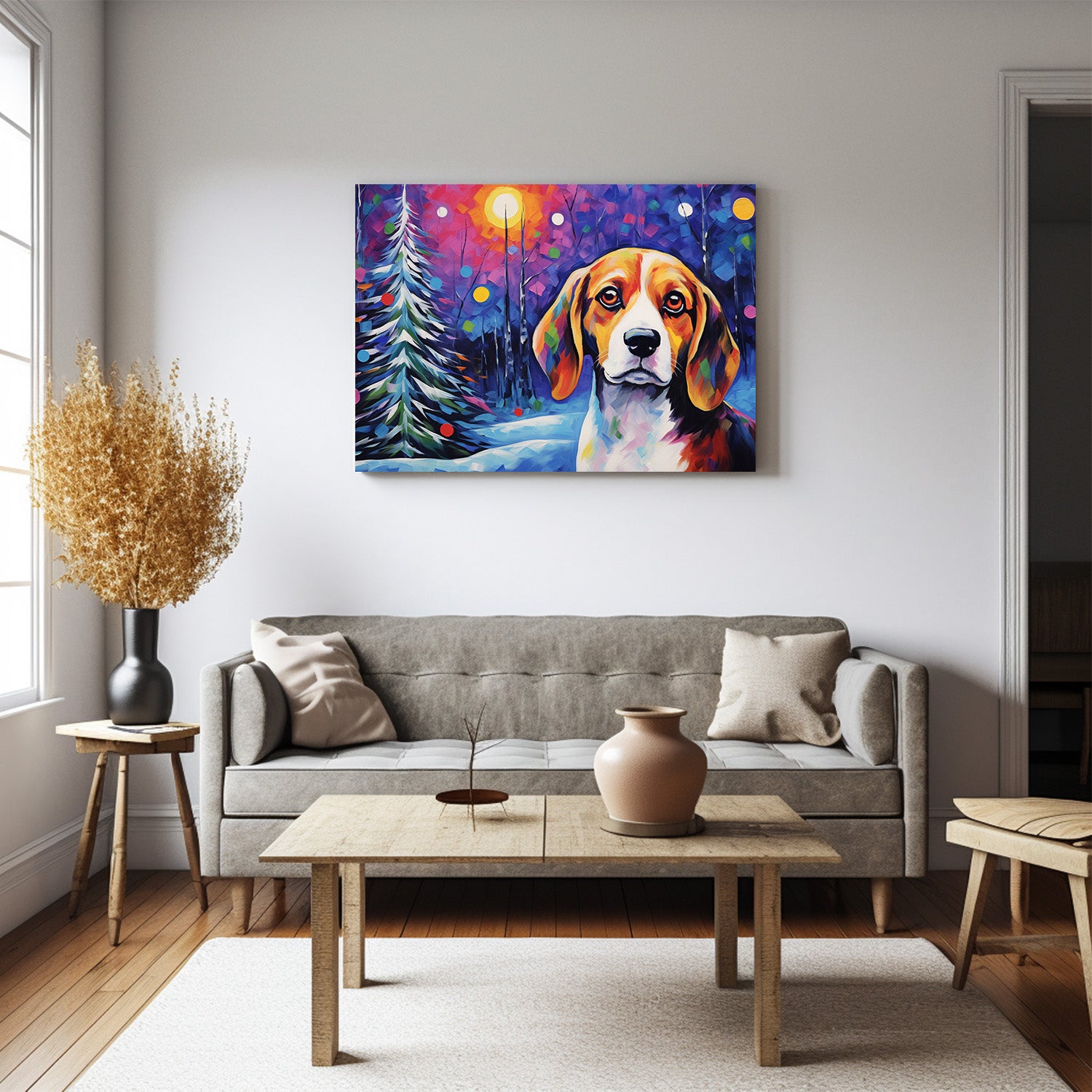 Beagle Dog Christmas Starry Night Oil Painting Van Goh Style, Wooden Canvas Prints Wall Art Painting , Canvas 3d Art