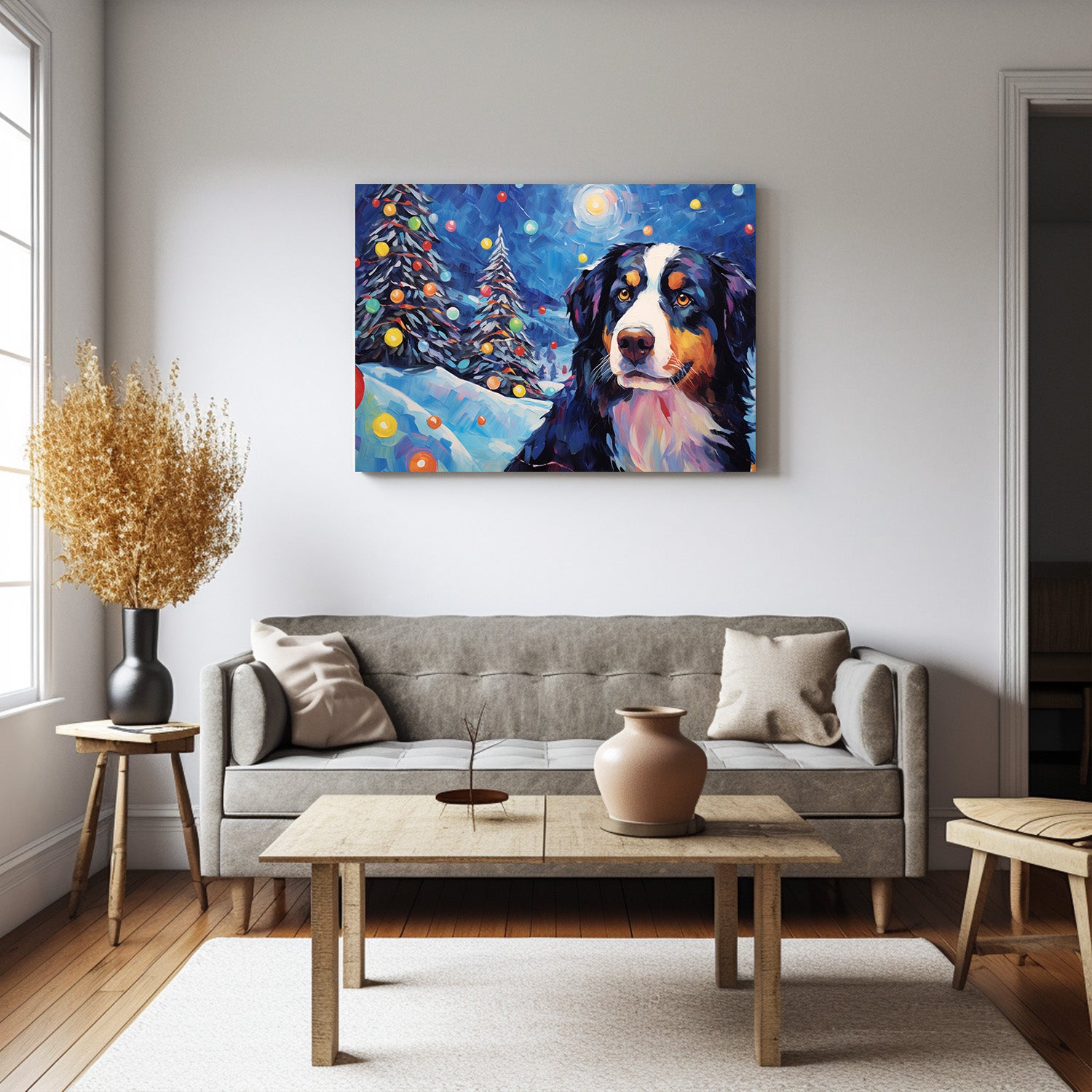 Bernese Mountain Dog Christmas Starry Night Oil Painting Van Goh Style, Wooden Canvas Prints Wall Art Painting , Canvas 3d Art