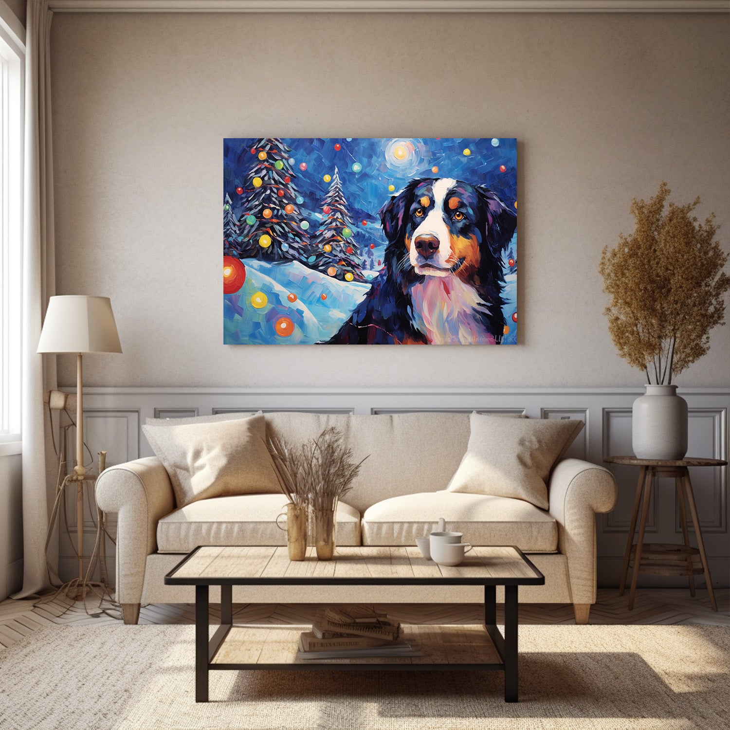 Bernese Mountain Dog Christmas Starry Night Oil Painting Van Goh Style, Wooden Canvas Prints Wall Art Painting , Canvas 3d Art