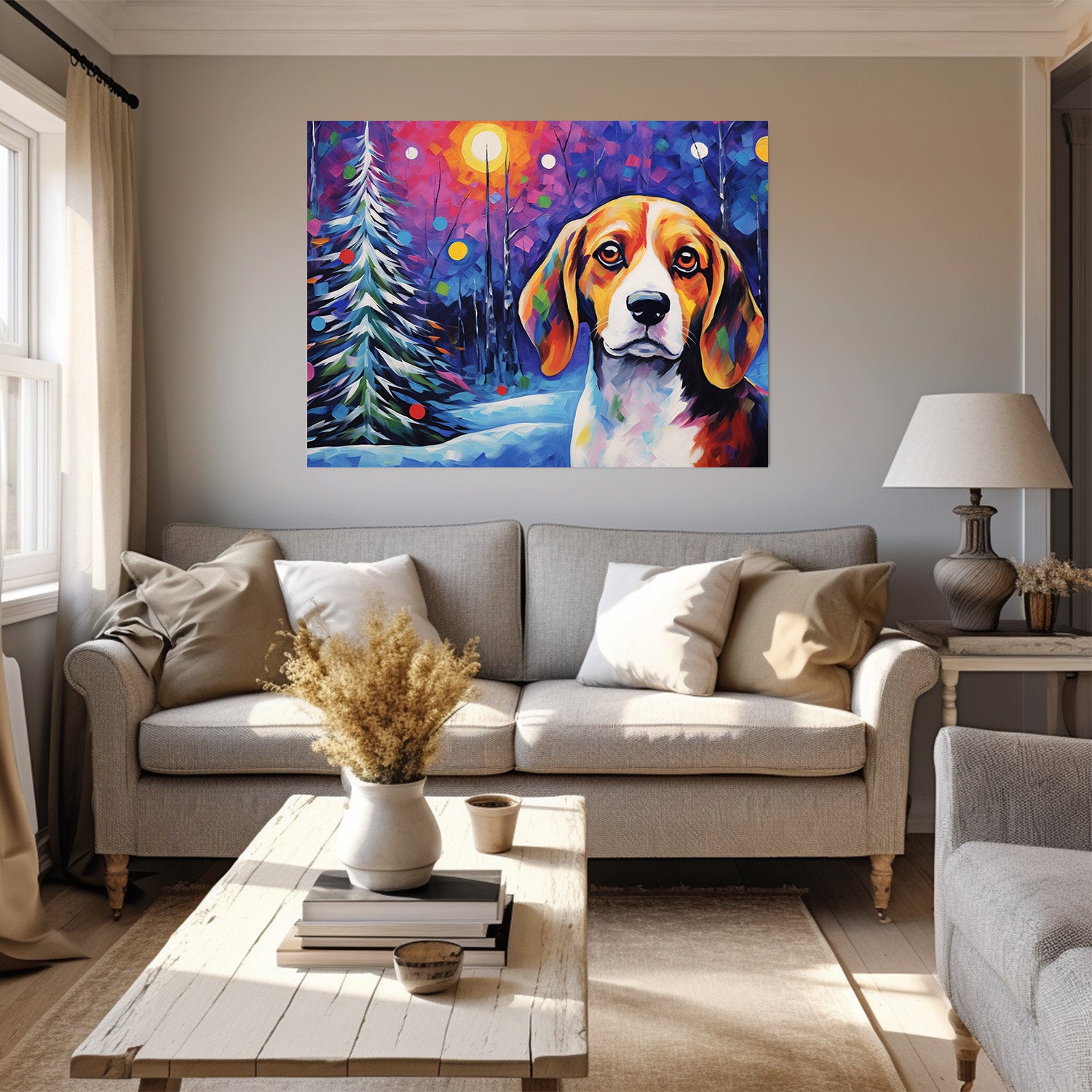 Beagle Dog Christmas Starry Night Oil Painting Van Goh Style, Wooden Canvas Prints Wall Art Painting , Canvas 3d Art