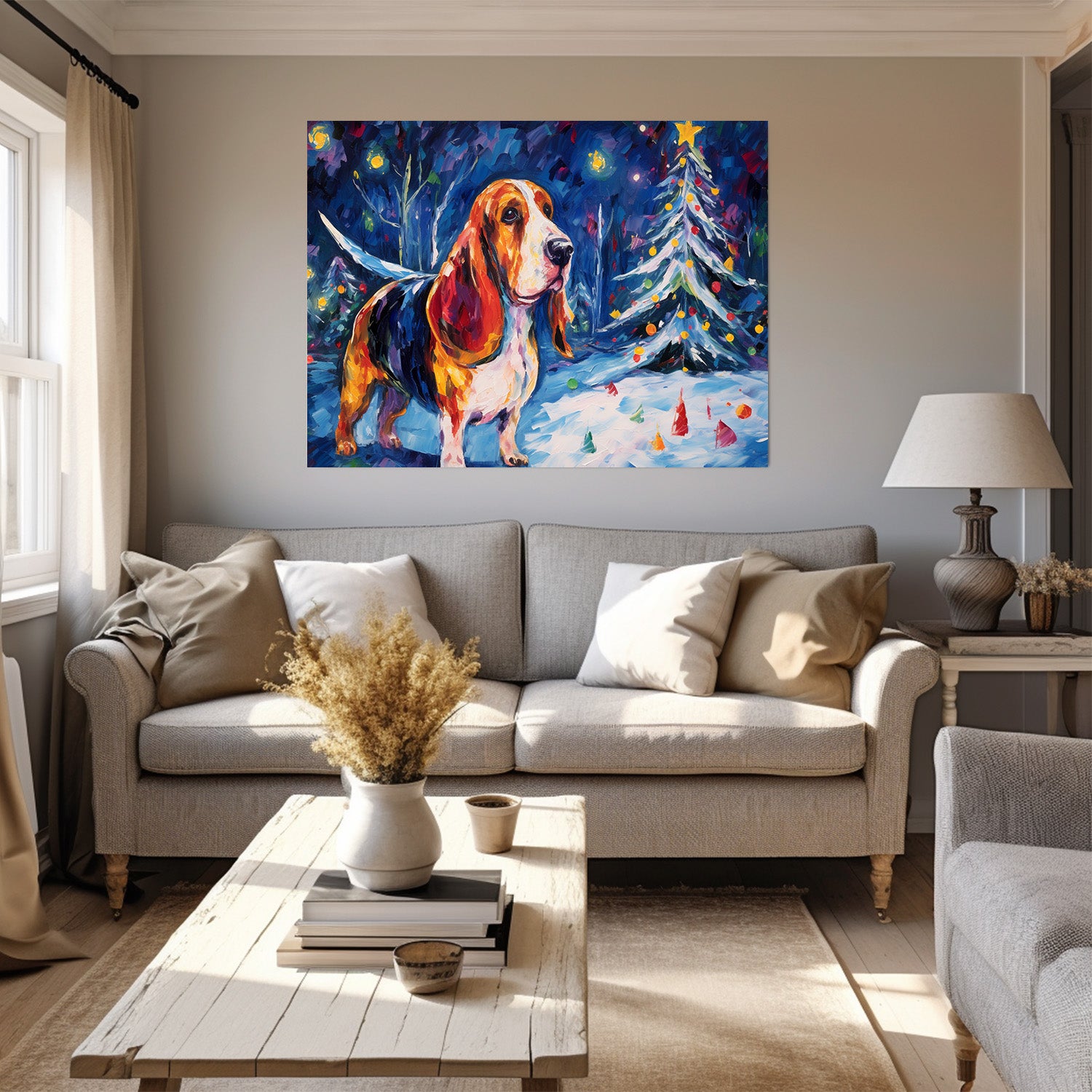 Basset Hound Dog Christmas Starry Night Oil Painting Van Goh Style, Wooden Canvas Prints Wall Art Painting , Canvas 3d Art