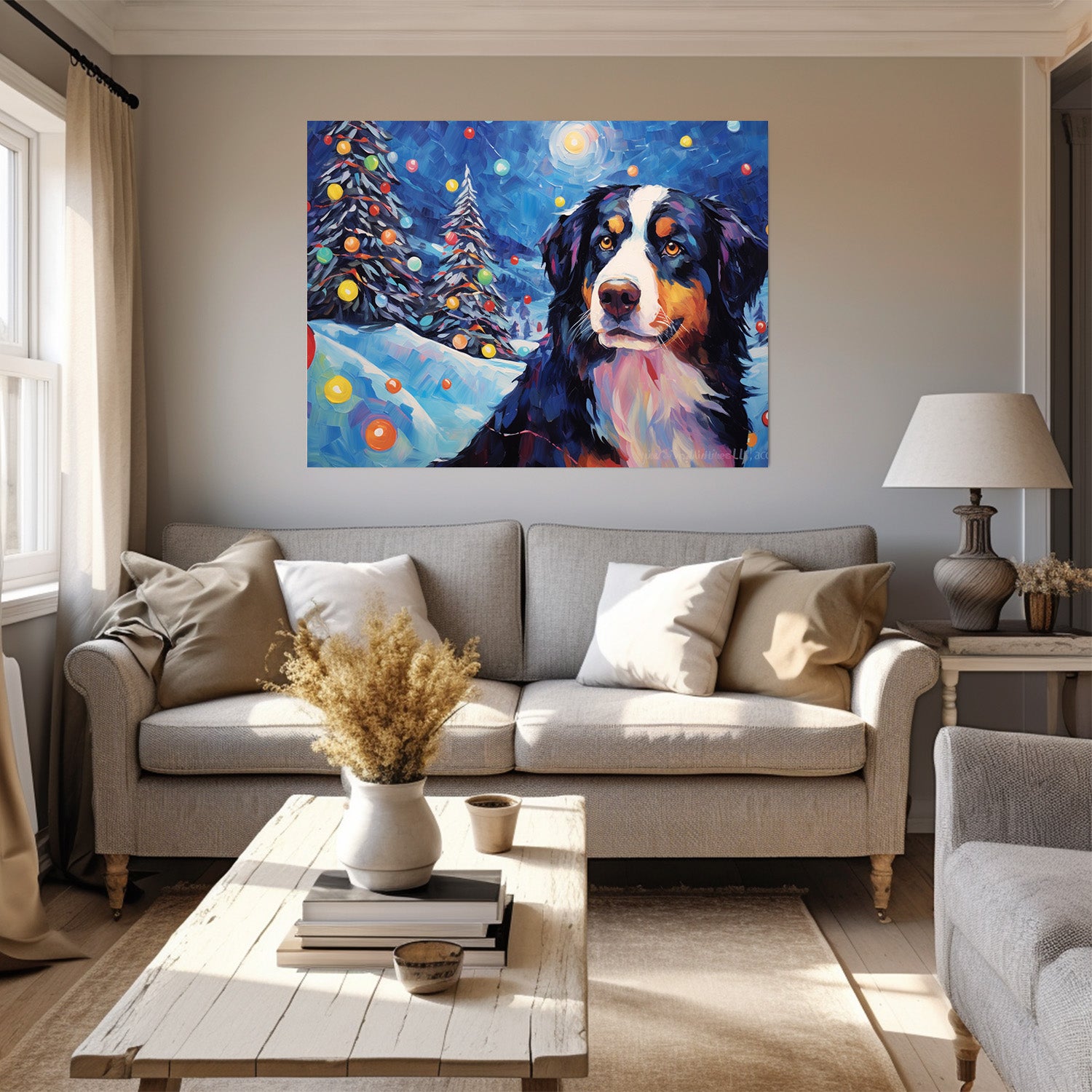Bernese Mountain Dog Christmas Starry Night Oil Painting Van Goh Style, Wooden Canvas Prints Wall Art Painting , Canvas 3d Art