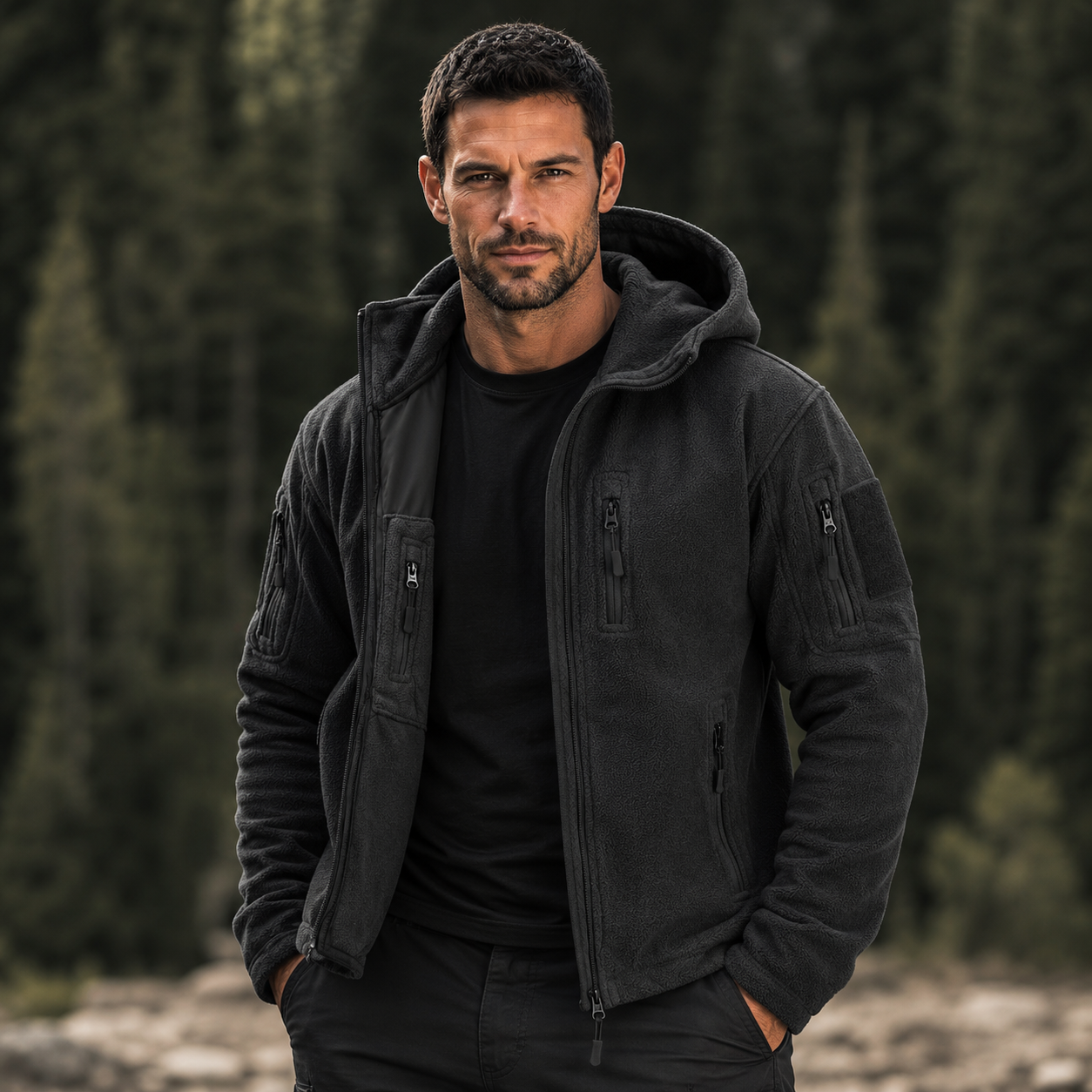 Men’s Outdoor Fleece Jacket – Warm Full Zip Multi-Pocket Hooded Tactical Style Jacket
