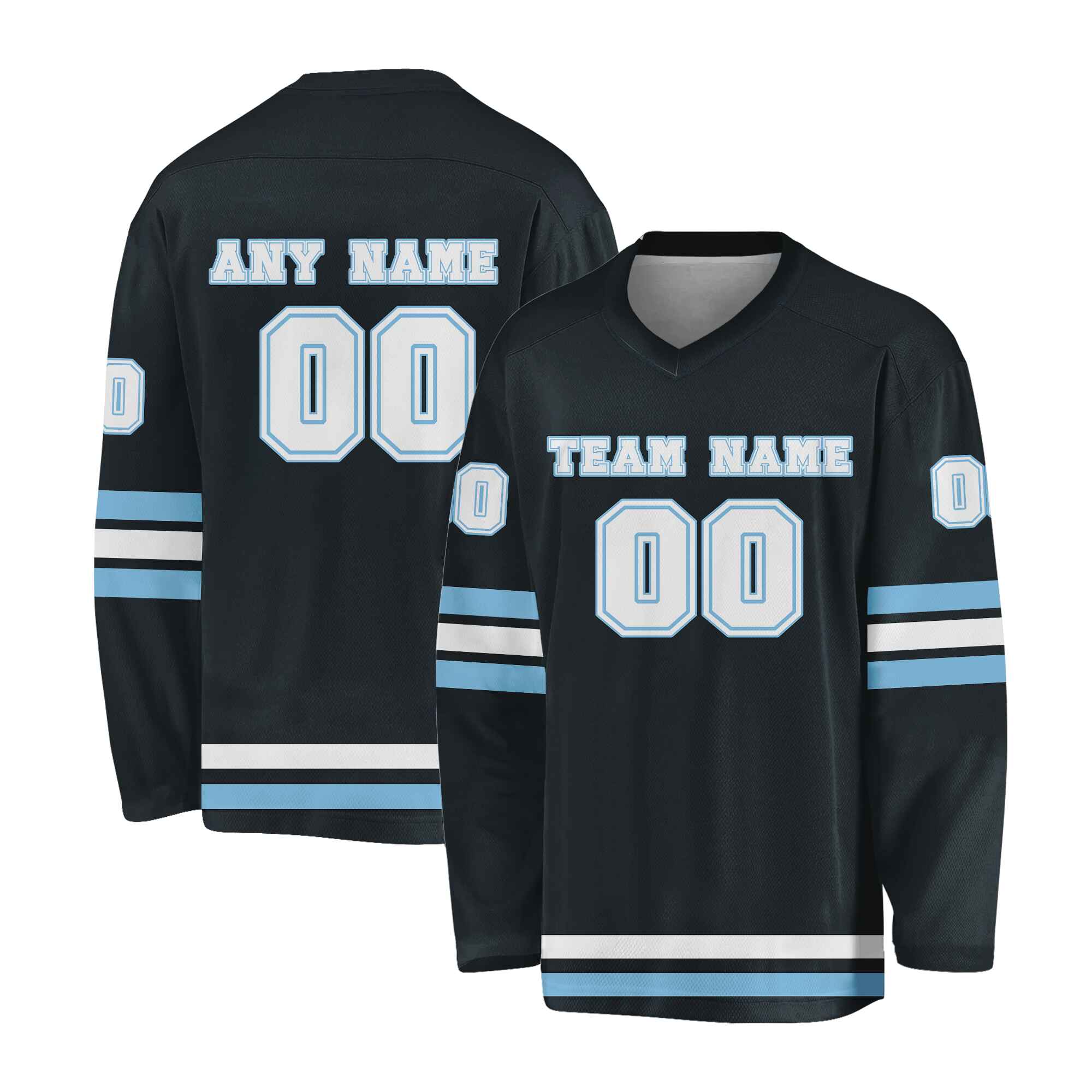 Custom Black White -Light Blue Hockey Jersey