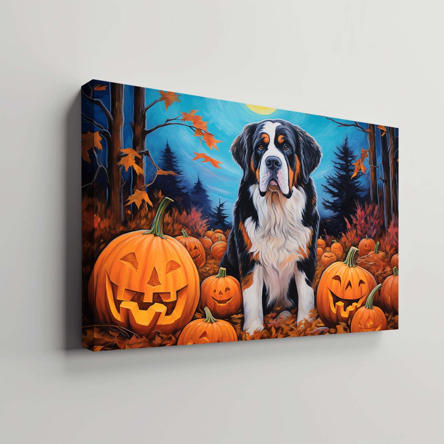 St. Bernards Dog 01 Halloween With Pumpkin Oil Painting Van Goh Style, Wooden Canvas Prints Wall Art Painting , Canvas 3d Art