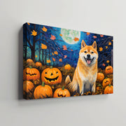 Shiba Inu Dog Halloween With Pumpkin Oil Painting Van Goh Style, Wooden Canvas Prints Wall Art Painting , Canvas 3d Art