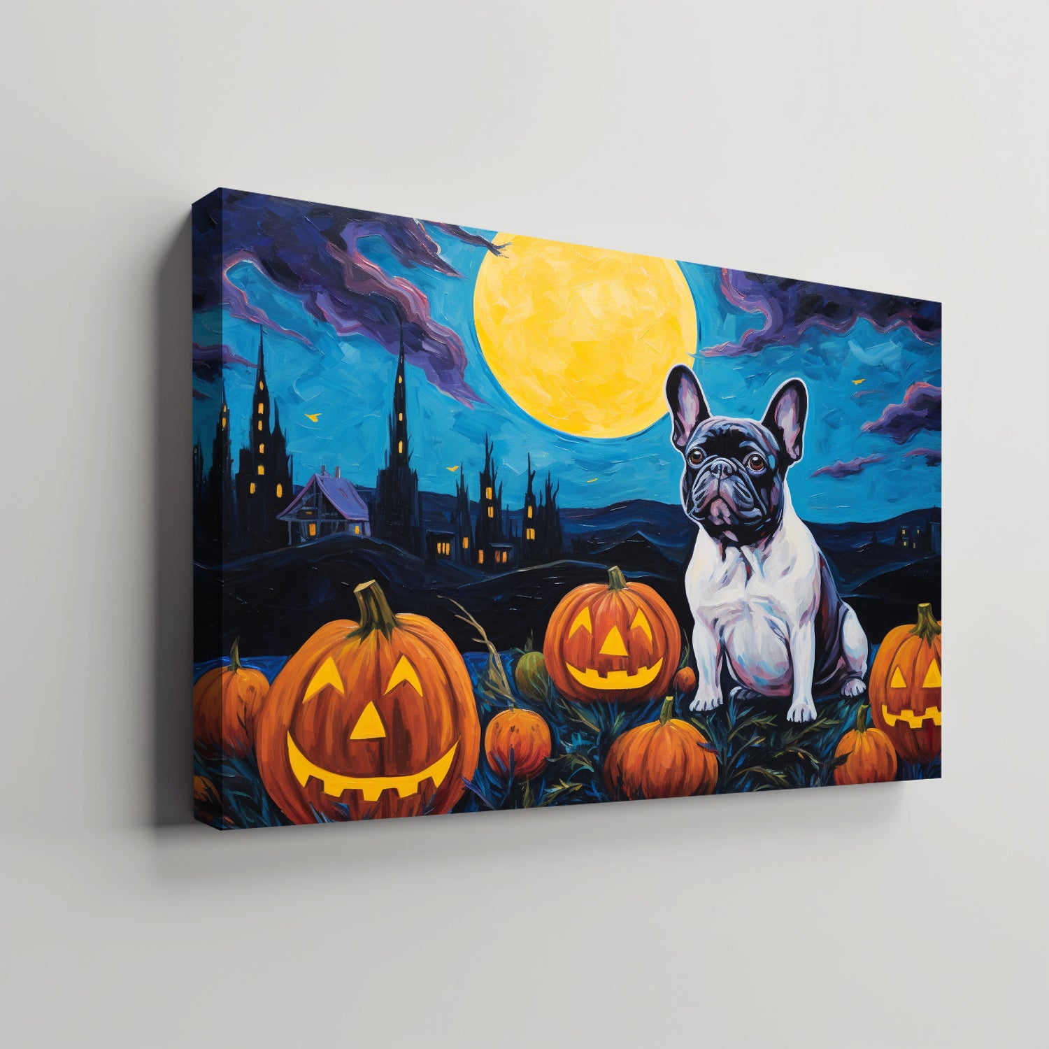 French Bulldog 01 Halloween With Pumpkin Oil Painting Van Goh Style, Wooden Canvas Prints Wall Art Painting , Canvas 3d Art