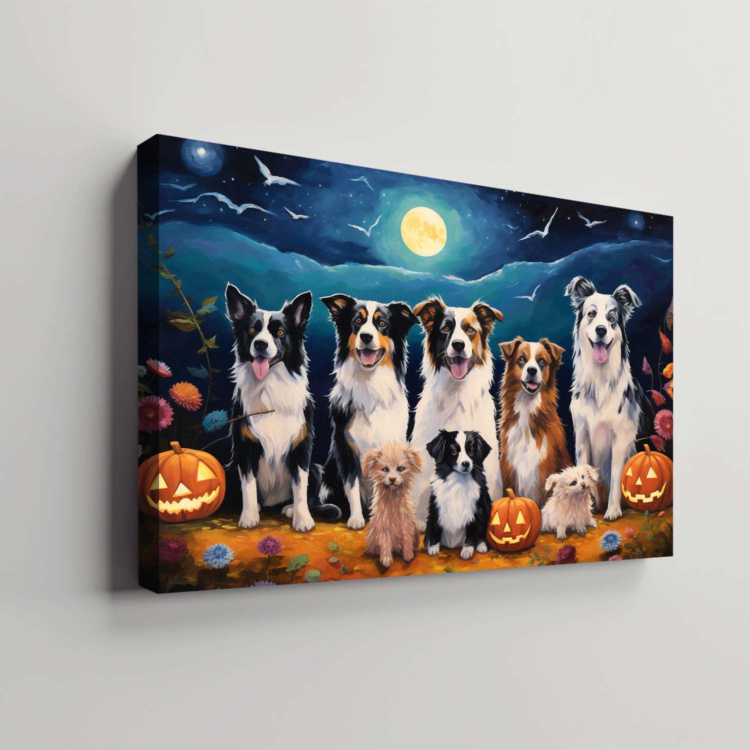 Miniature American Shepherds Dog 02 Halloween With Pumpkin Oil Painting Van Goh Style, Wooden Canvas Prints Wall Art Painting , Canvas 3d Art