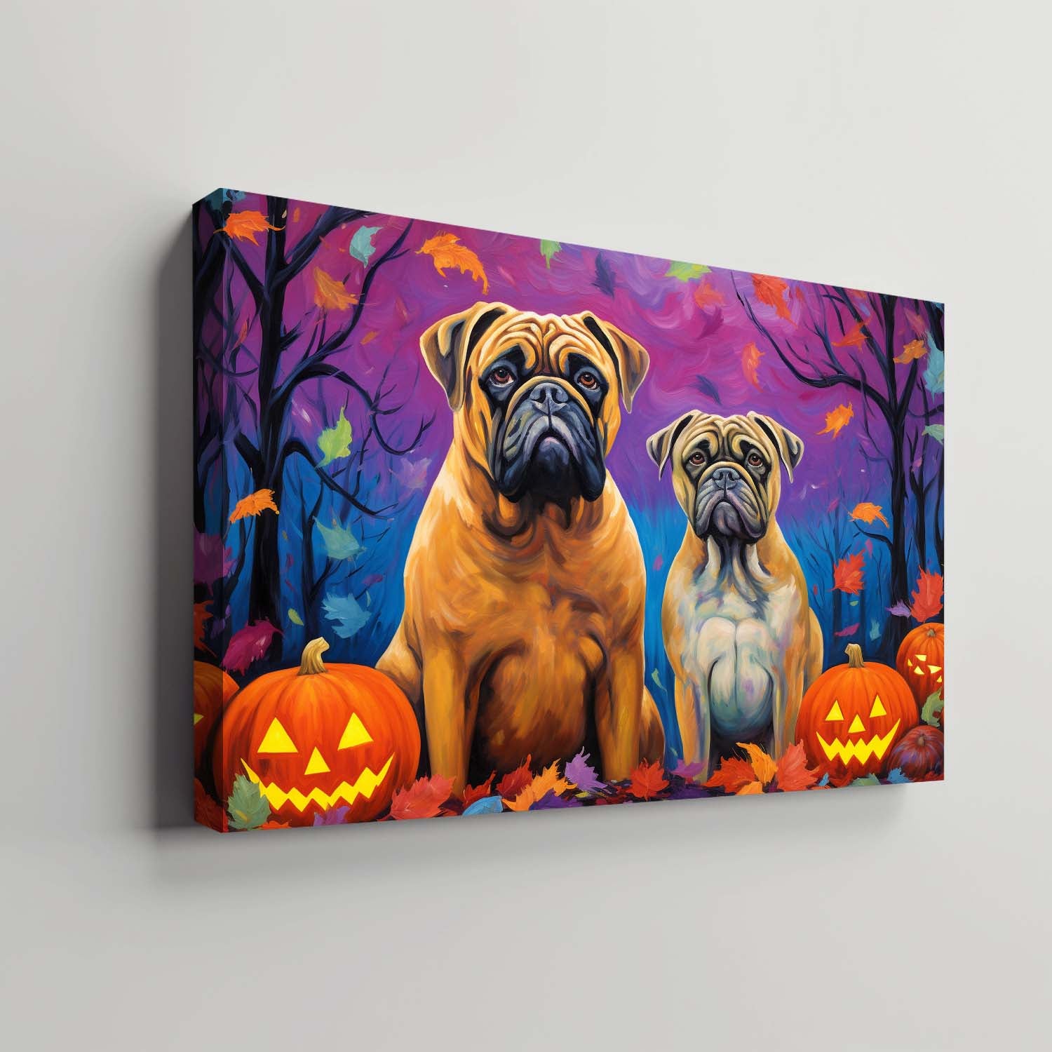 Bullmastiffs Dog 02 Halloween With Pumpkin Oil Painting Van Goh Style, Wooden Canvas Prints Wall Art Painting , Canvas 3d Art