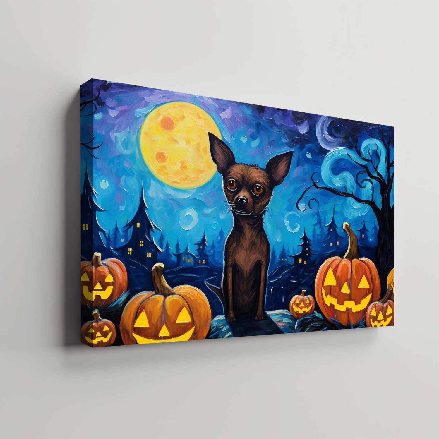 Miniature Pinschers Dog 01 Halloween With Pumpkin Oil Painting Van Goh Style, Wooden Canvas Prints Wall Art Painting , Canvas 3d Art