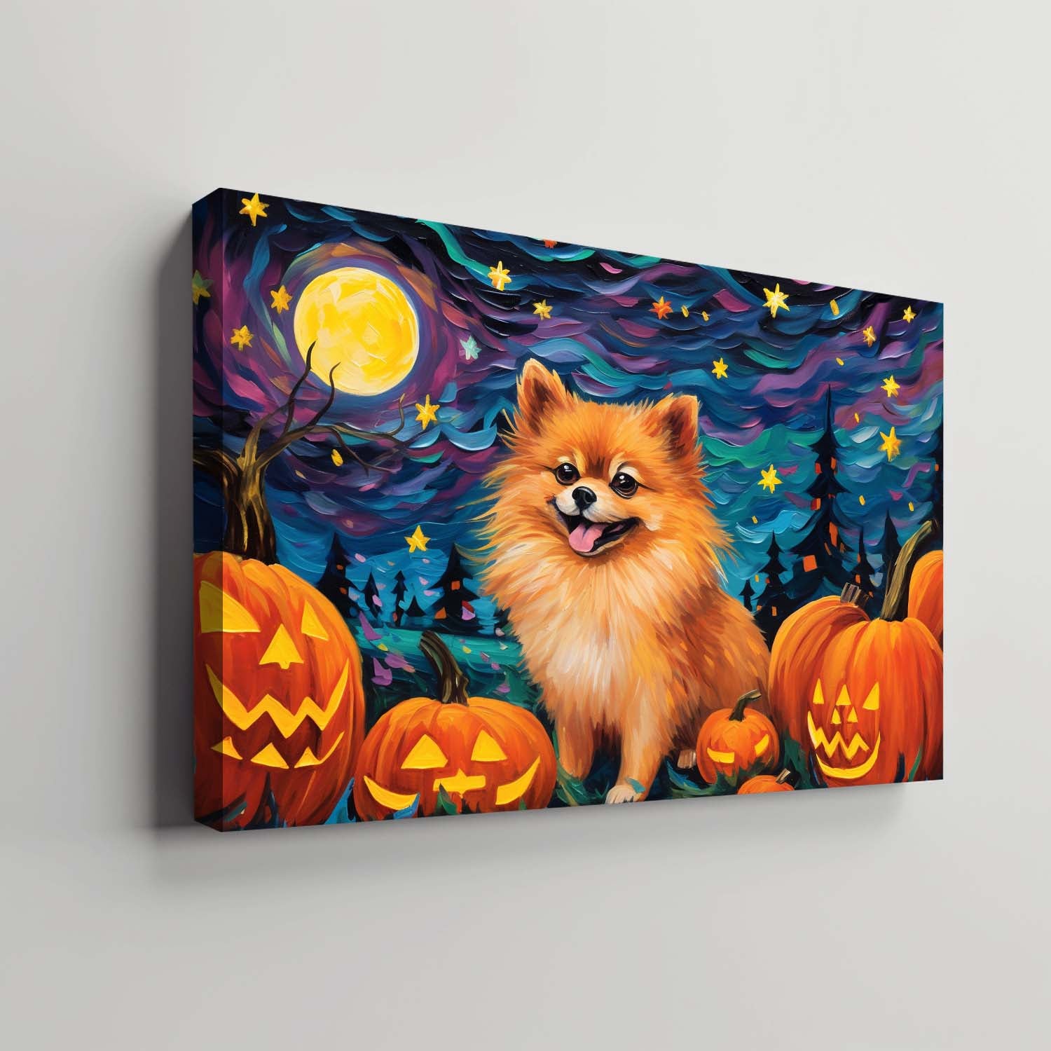 Pomeranians Dog 01 Halloween With Pumpkin Oil Painting Van Goh Style, Wooden Canvas Prints Wall Art Painting , Canvas 3d Art