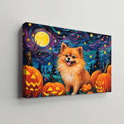 Pomeranians Dog 01 Halloween With Pumpkin Oil Painting Van Goh Style, Wooden Canvas Prints Wall Art Painting , Canvas 3d Art