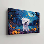 Maltese Dog 02 Halloween With Pumpkin Oil Painting Van Goh Style, Wooden Canvas Prints Wall Art Painting , Canvas 3d Art