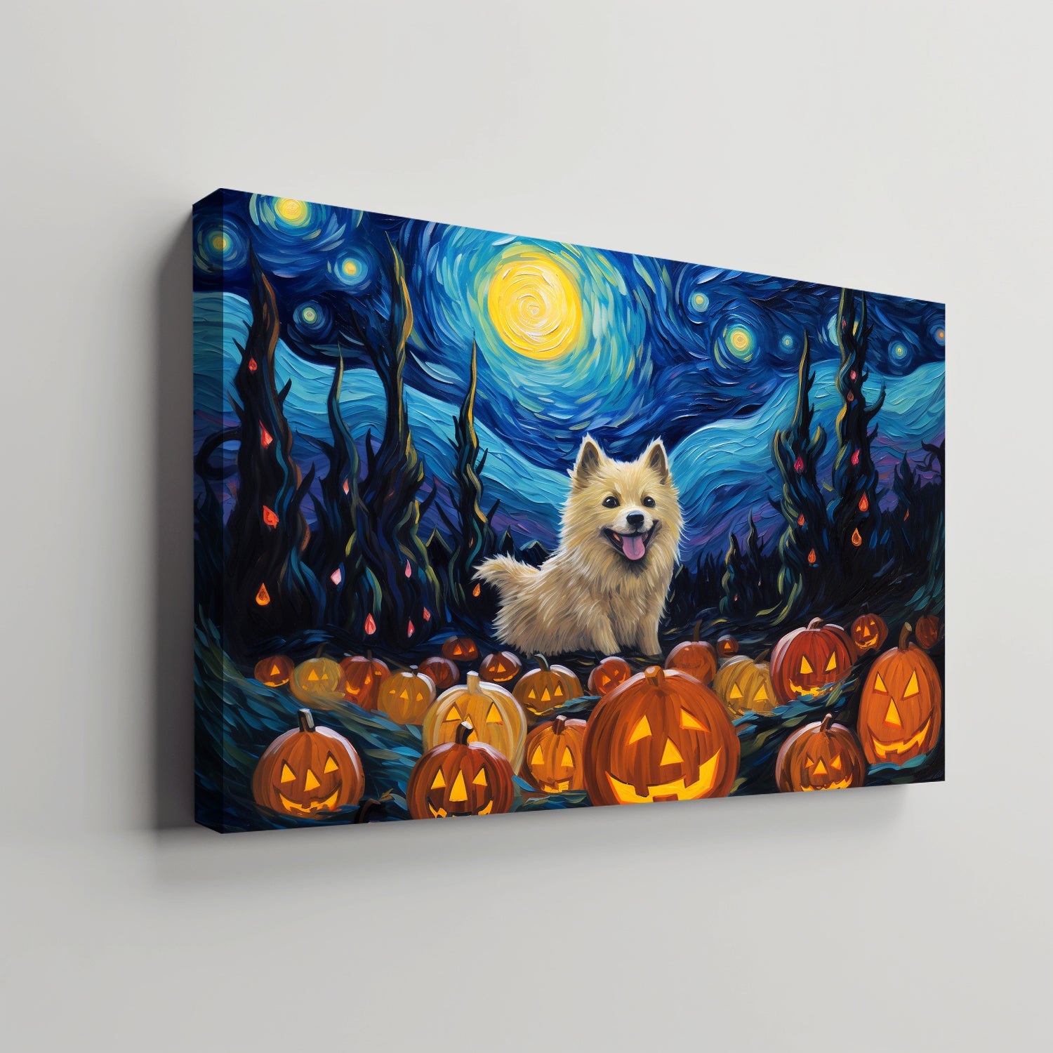 Norwegian Elkhounds Dog 01 Halloween With Pumpkin Oil Painting Van Goh Style, Wooden Canvas Prints Wall Art Painting , Canvas 3d Art