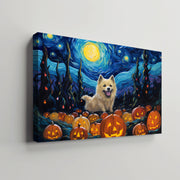 Norwegian Elkhounds Dog 01 Halloween With Pumpkin Oil Painting Van Goh Style, Wooden Canvas Prints Wall Art Painting , Canvas 3d Art