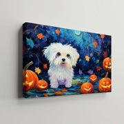 Maltese Dog 03 Halloween With Pumpkin Oil Painting Van Goh Style, Wooden Canvas Prints Wall Art Painting , Canvas 3d Art
