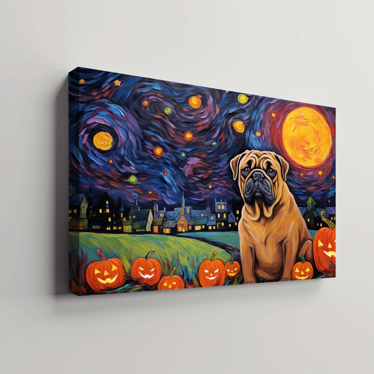 Mastiffs Dog Halloween With Pumpkin Oil Painting Van Goh Style, Wooden Canvas Prints Wall Art Painting , Canvas 3d Art