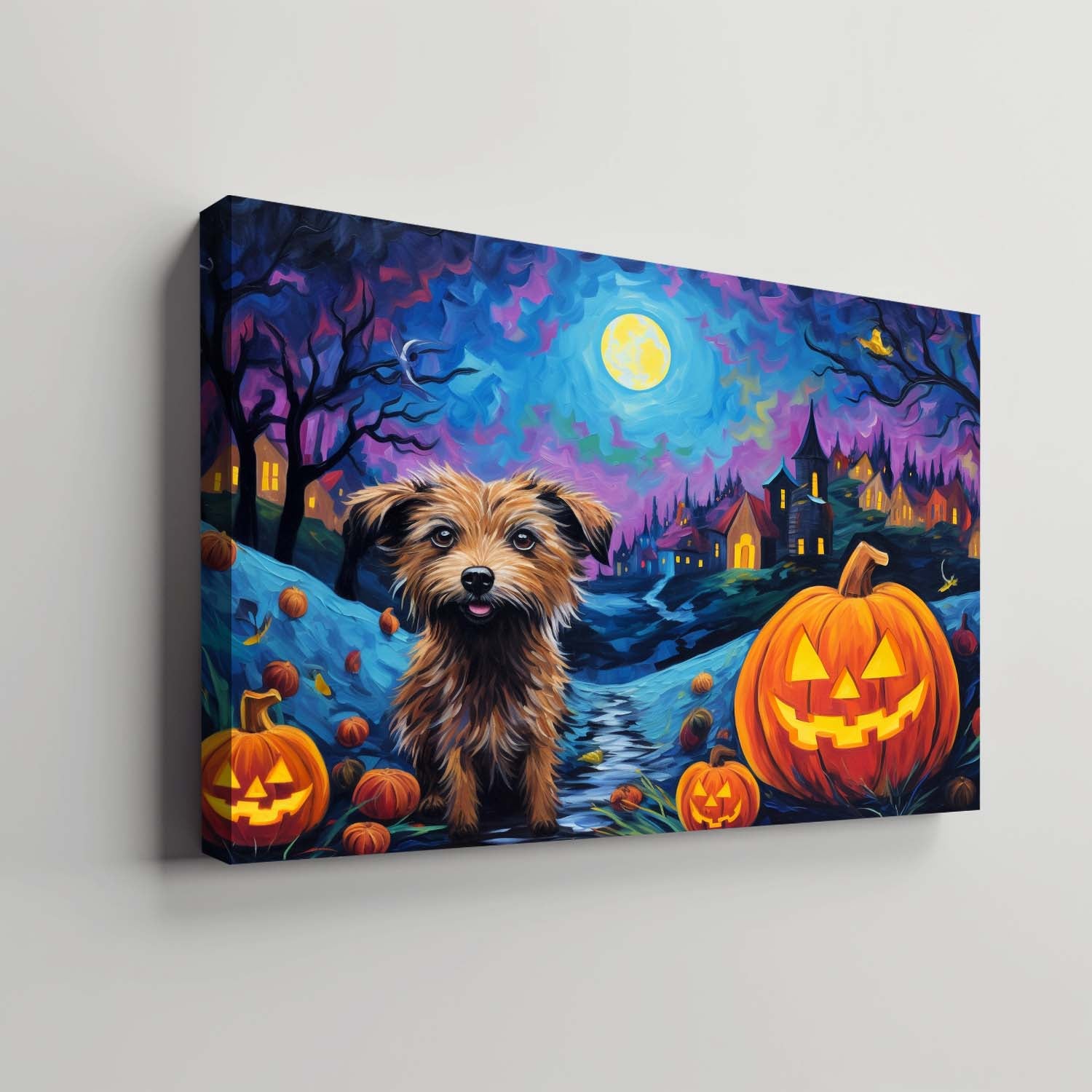 Chinese Cresteds Dog Halloween With Pumpkin Oil Painting Van Goh Style, Wooden Canvas Prints Wall Art Painting , Canvas 3d Art