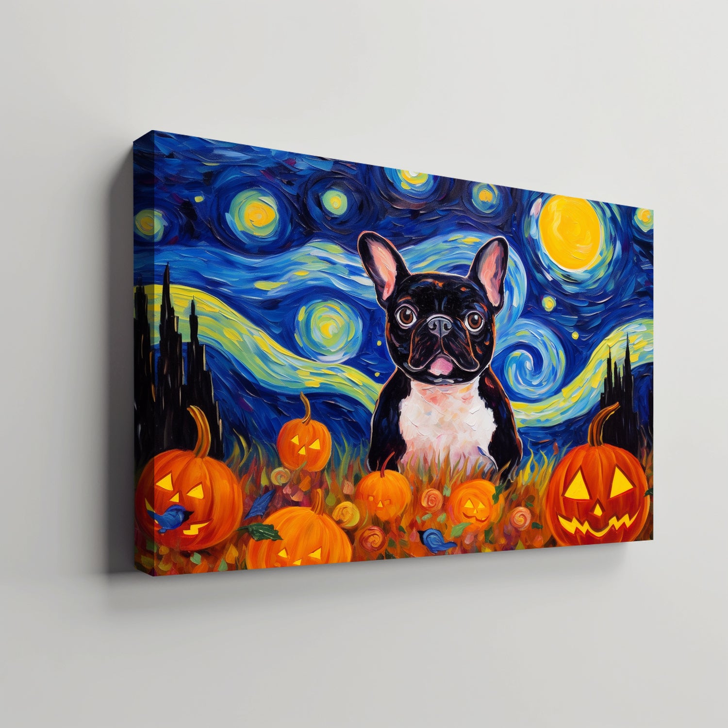 French Bulldog 02 Halloween With Pumpkin Oil Painting Van Goh Style, Wooden Canvas Prints Wall Art Painting , Canvas 3d Art