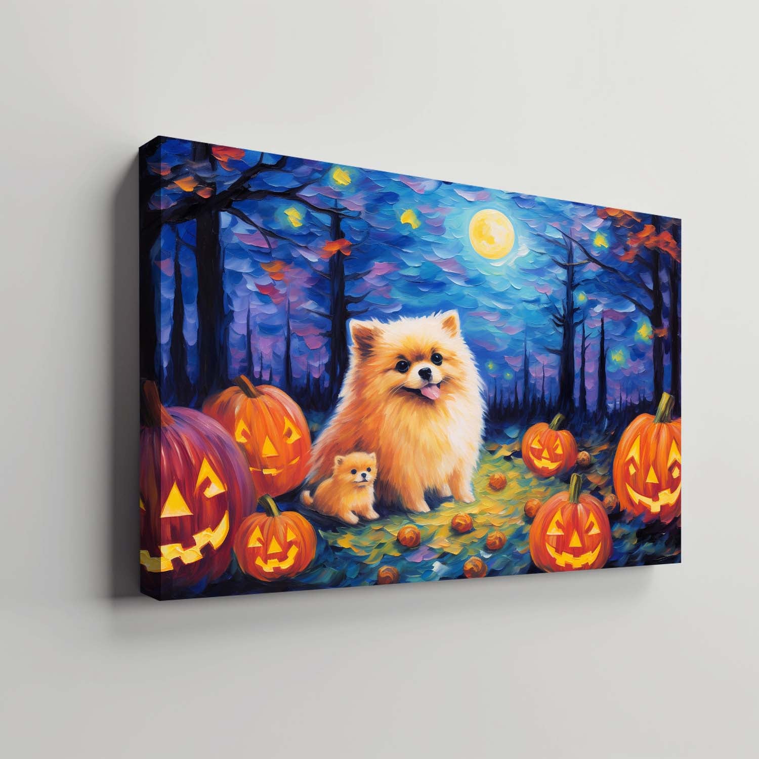 Pomeranians Dog 02 Halloween With Pumpkin Oil Painting Van Goh Style, Wooden Canvas Prints Wall Art Painting , Canvas 3d Art