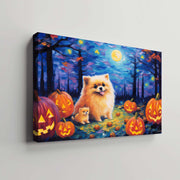 Pomeranians Dog 02 Halloween With Pumpkin Oil Painting Van Goh Style, Wooden Canvas Prints Wall Art Painting , Canvas 3d Art