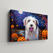 Old English Sheepdogs Dog Halloween With Pumpkin Oil Painting Van Goh Style, Wooden Canvas Prints Wall Art Painting , Canvas 3d Art