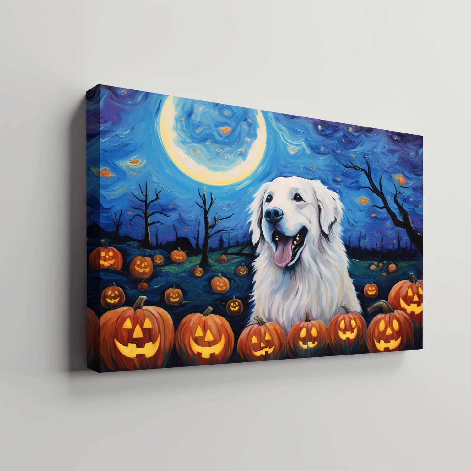 Great Pyrenees Dog 02 Halloween With Pumpkin Oil Painting Van Goh Style, Wooden Canvas Prints Wall Art Painting , Canvas 3d Art