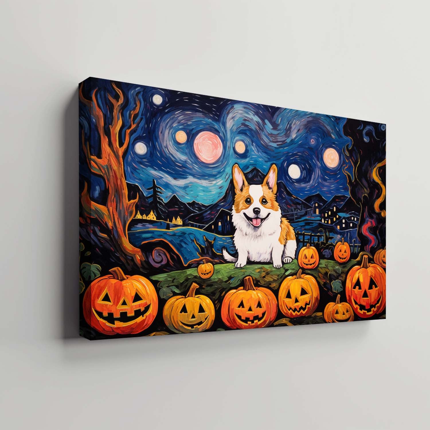 Cardigan Welsh Corgis Dog 01 Halloween With Pumpkin Oil Painting Van Goh Style, Wooden Canvas Prints Wall Art Painting , Canvas 3d Art