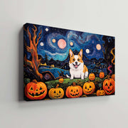 Cardigan Welsh Corgis Dog 01 Halloween With Pumpkin Oil Painting Van Goh Style, Wooden Canvas Prints Wall Art Painting , Canvas 3d Art