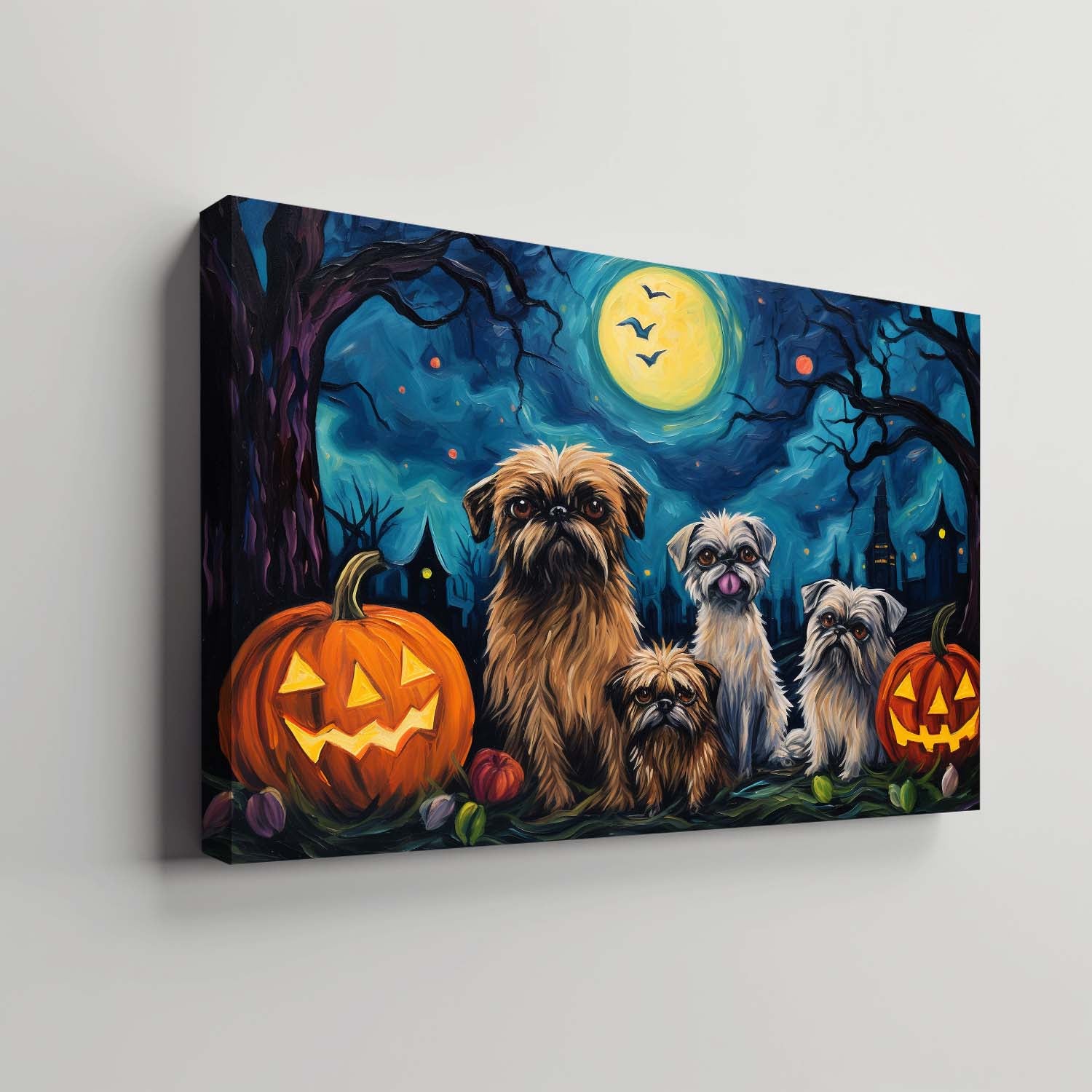 Brussels Griffons Dog 02 Halloween With Pumpkin Oil Painting Van Goh Style, Wooden Canvas Prints Wall Art Painting , Canvas 3d Art