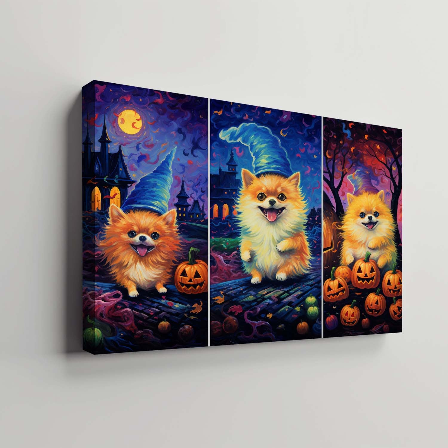 Pomeranians Dog 03 Halloween With Pumpkin Oil Painting Van Goh Style, Wooden Canvas Prints Wall Art Painting , Canvas 3d Art