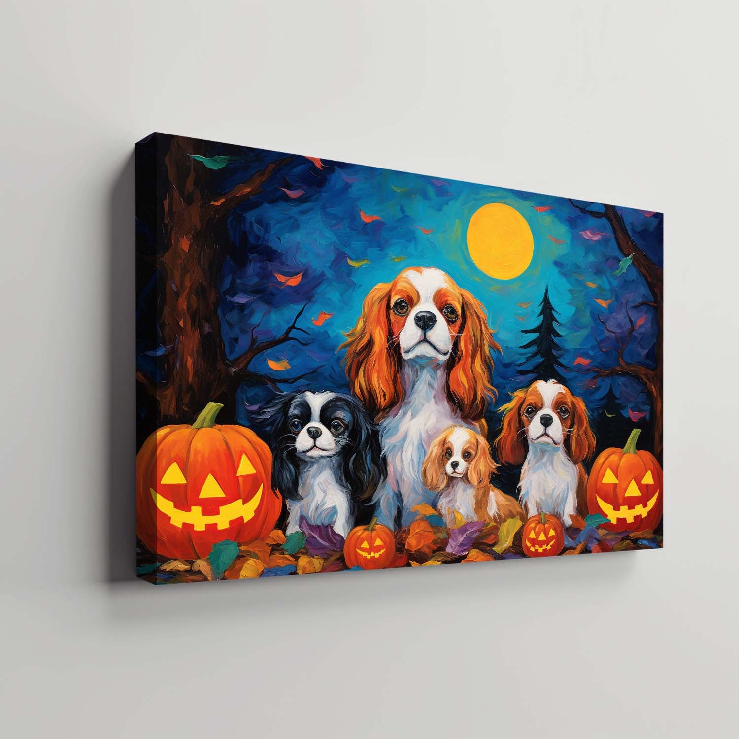 Cavalier King Charles Spaniels Dog 02 Halloween With Pumpkin Oil Painting Van Goh Style, Wooden Canvas Prints Wall Art Painting , Canvas 3d Art