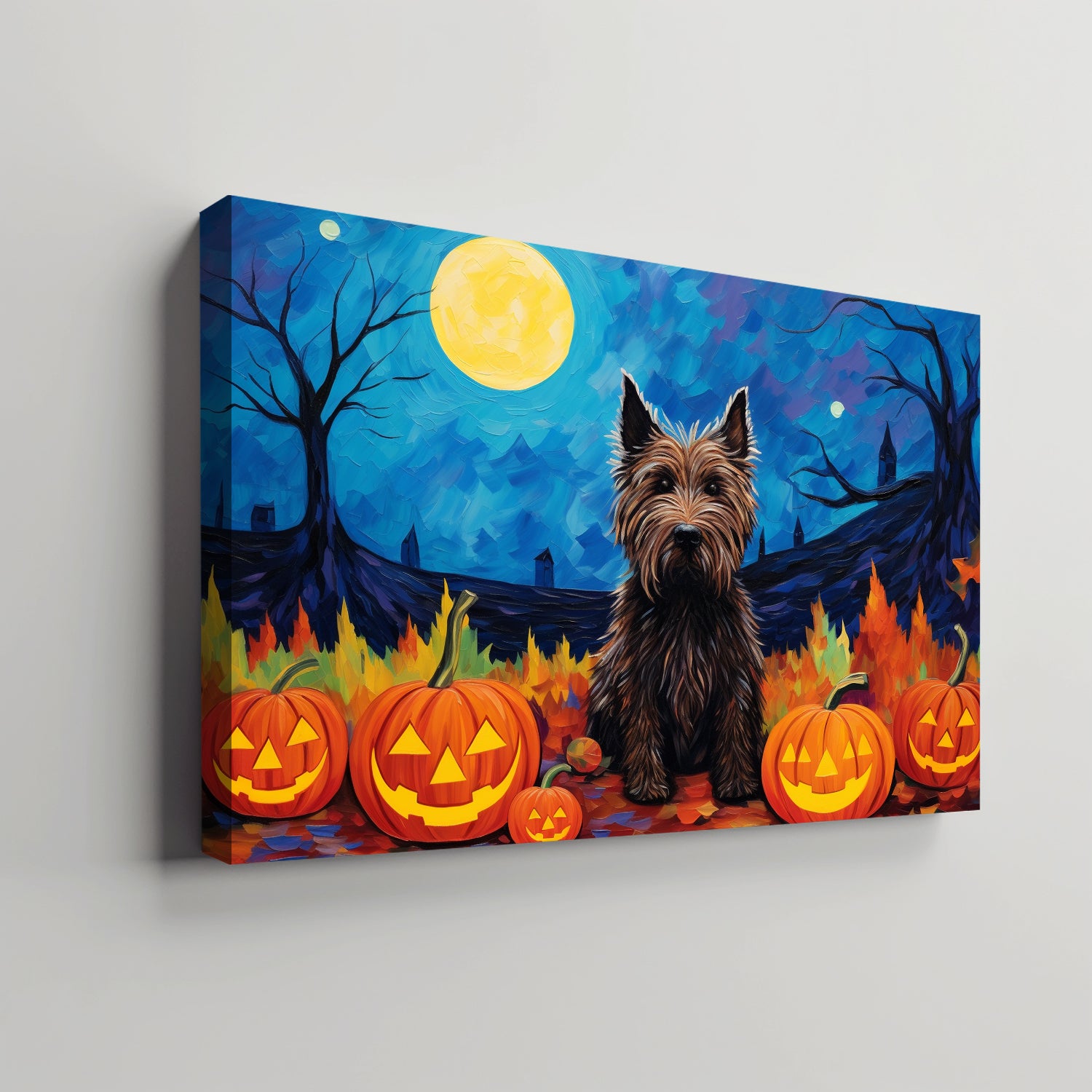 Scottish Terriers Dog Halloween With Pumpkin Oil Painting Van Goh Style, Wooden Canvas Prints Wall Art Painting , Canvas 3d Art