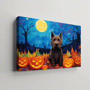 Scottish Terriers Dog Halloween With Pumpkin Oil Painting Van Goh Style, Wooden Canvas Prints Wall Art Painting , Canvas 3d Art
