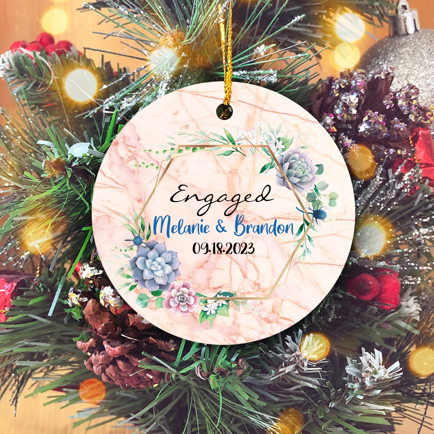 Floral Couple Engaged 02 Personalized Custom Name Christmas Premium Ceramic Ornaments Sets