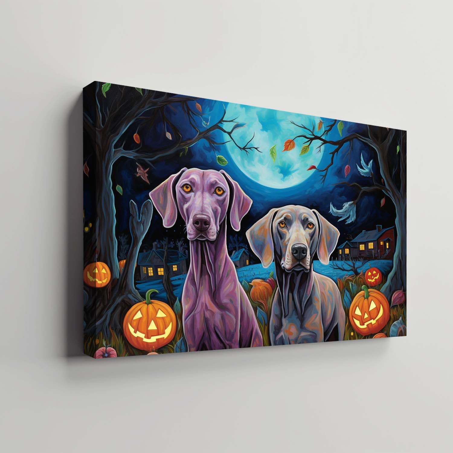 Weimaraner Dog Halloween With Pumpkin Oil Painting Van Goh Style, Wooden Canvas Prints Wall Art Painting , Canvas 3d Art