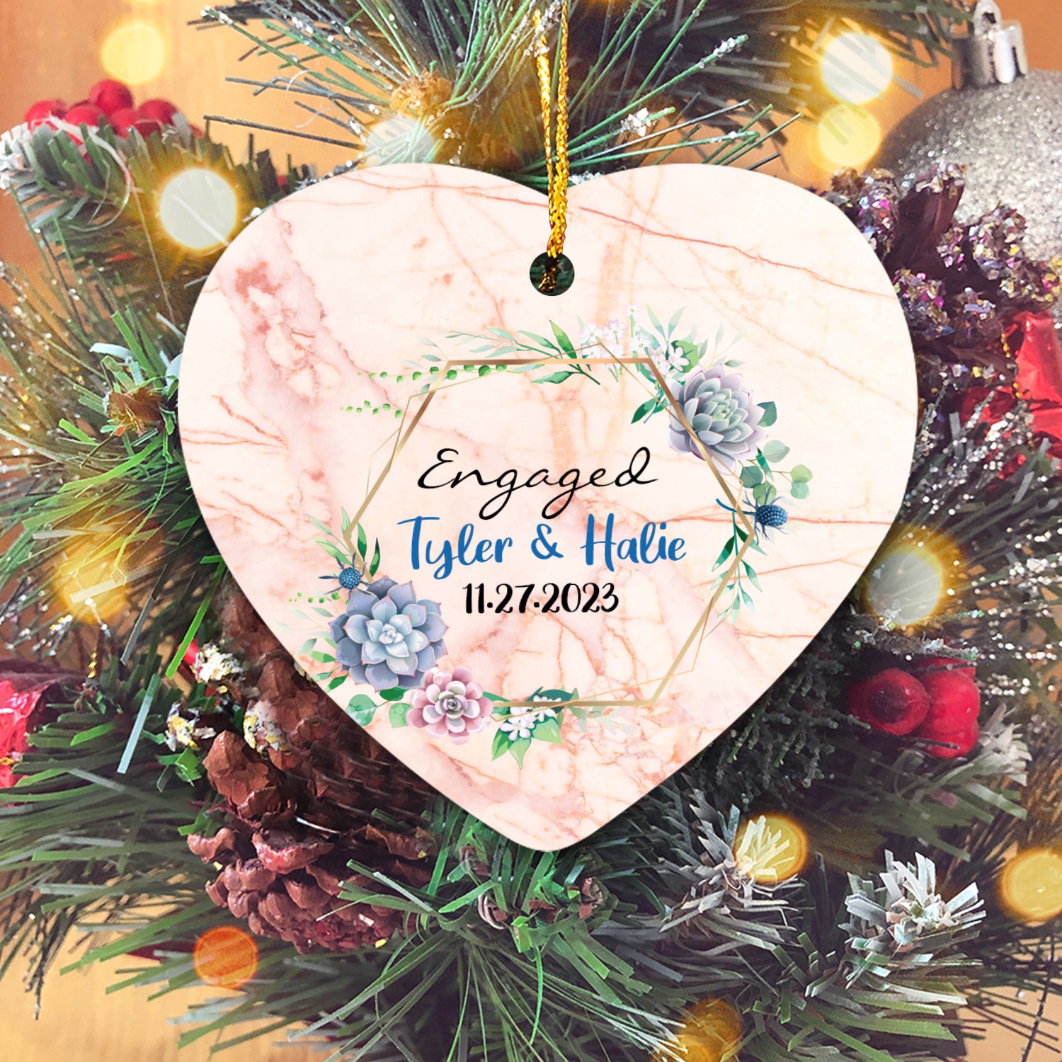 Floral Couple Engaged 02 Personalized Custom Name Christmas Premium Ceramic Ornaments Sets