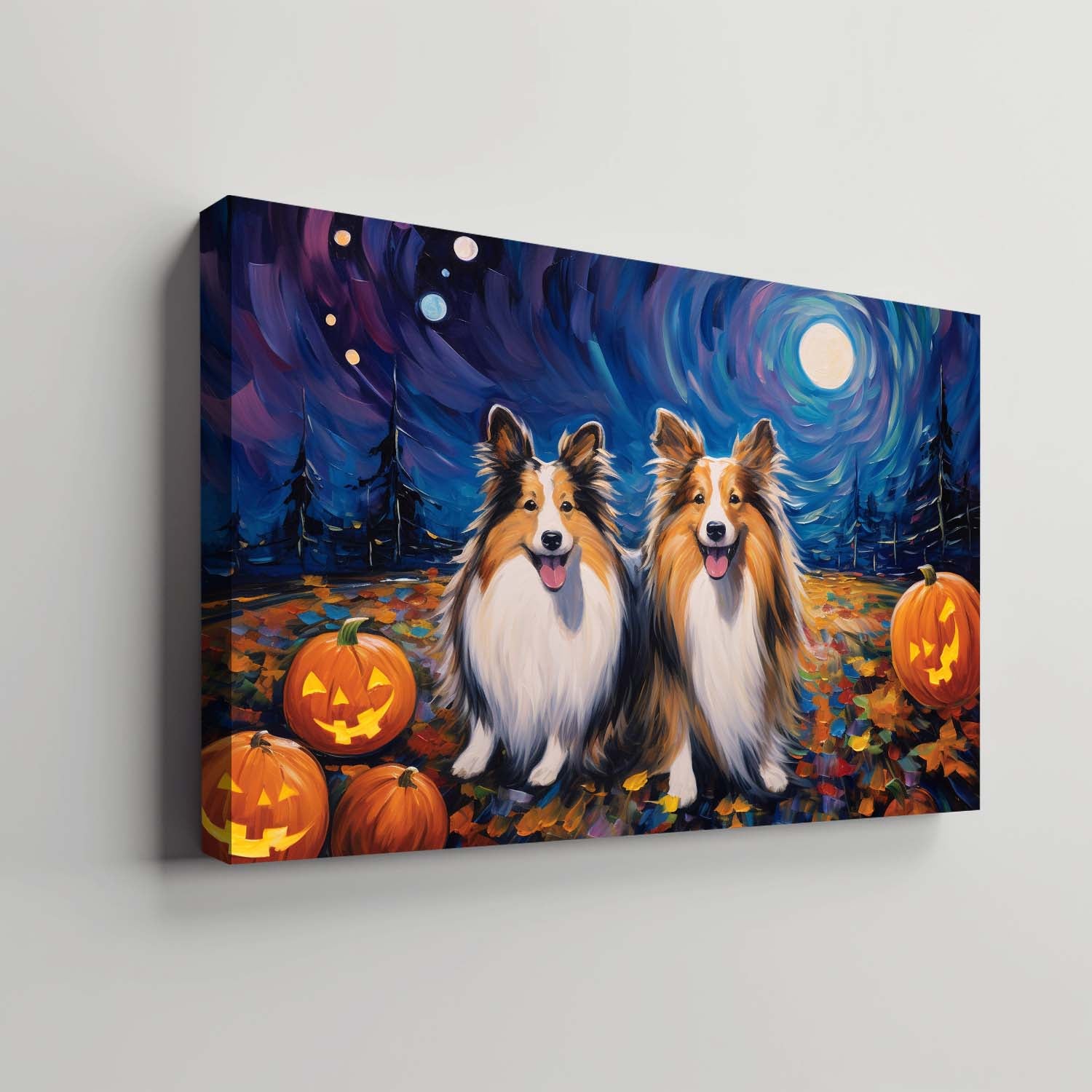 Shetland Sheepdogs Dog 02 Halloween With Pumpkin Oil Painting Van Goh Style, Wooden Canvas Prints Wall Art Painting , Canvas 3d Art