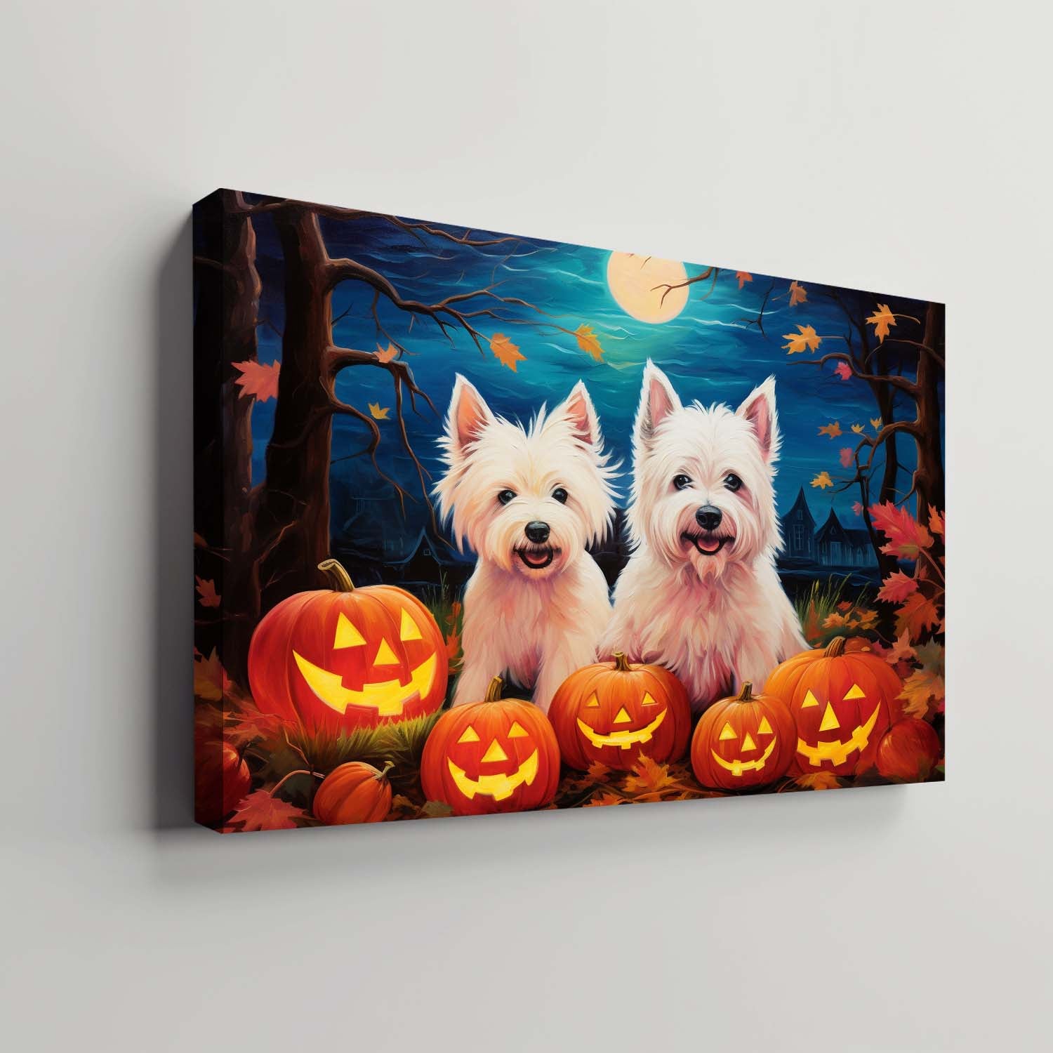 West Highland White Terriers Dog Halloween With Pumpkin Oil Painting Van Goh Style, Wooden Canvas Prints Wall Art Painting , Canvas 3d Art