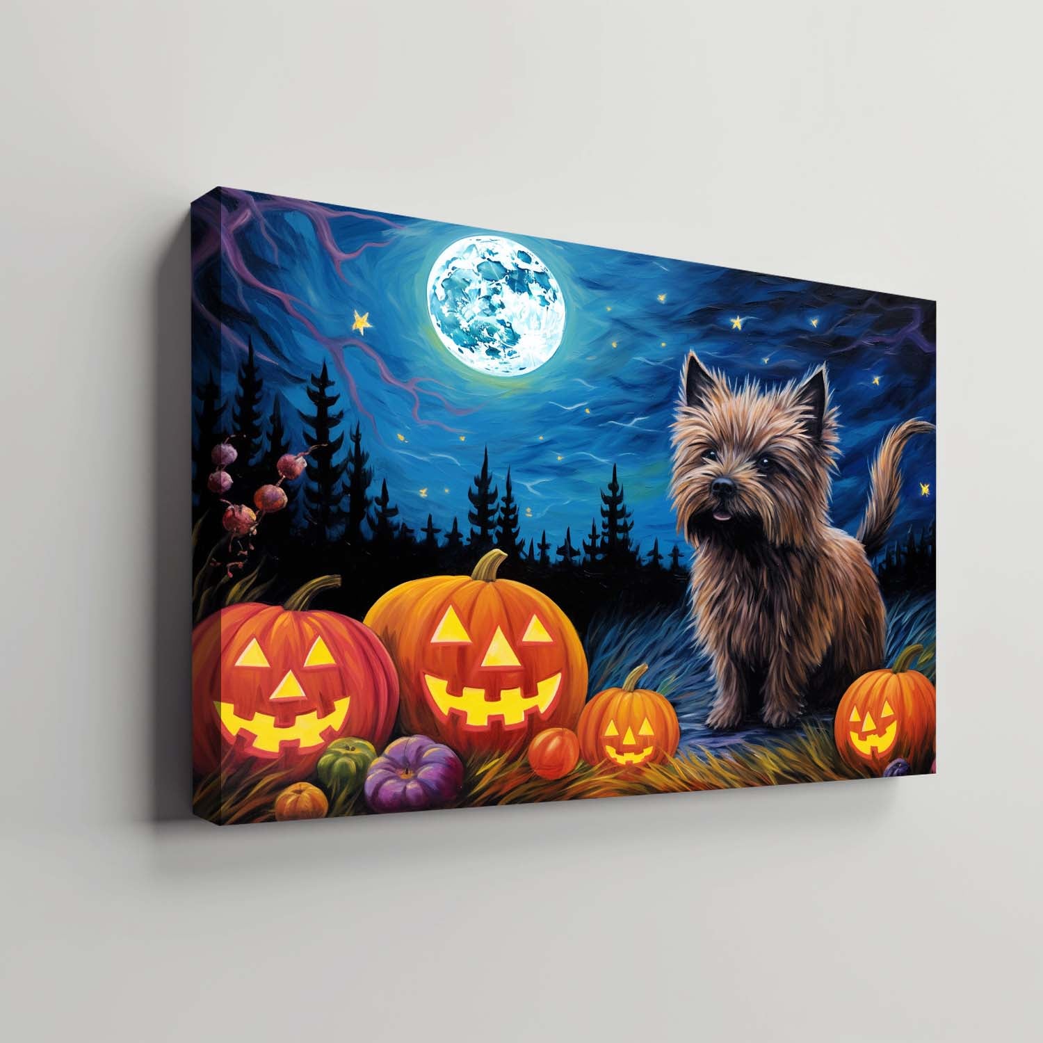 Cairn Terriers Dog Halloween With Pumpkin Oil Painting Van Goh Style, Wooden Canvas Prints Wall Art Painting , Canvas 3d Art