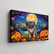 Lhasa Apsos Dog 01 Halloween With Pumpkin Oil Painting Van Goh Style, Wooden Canvas Prints Wall Art Painting , Canvas 3d Art