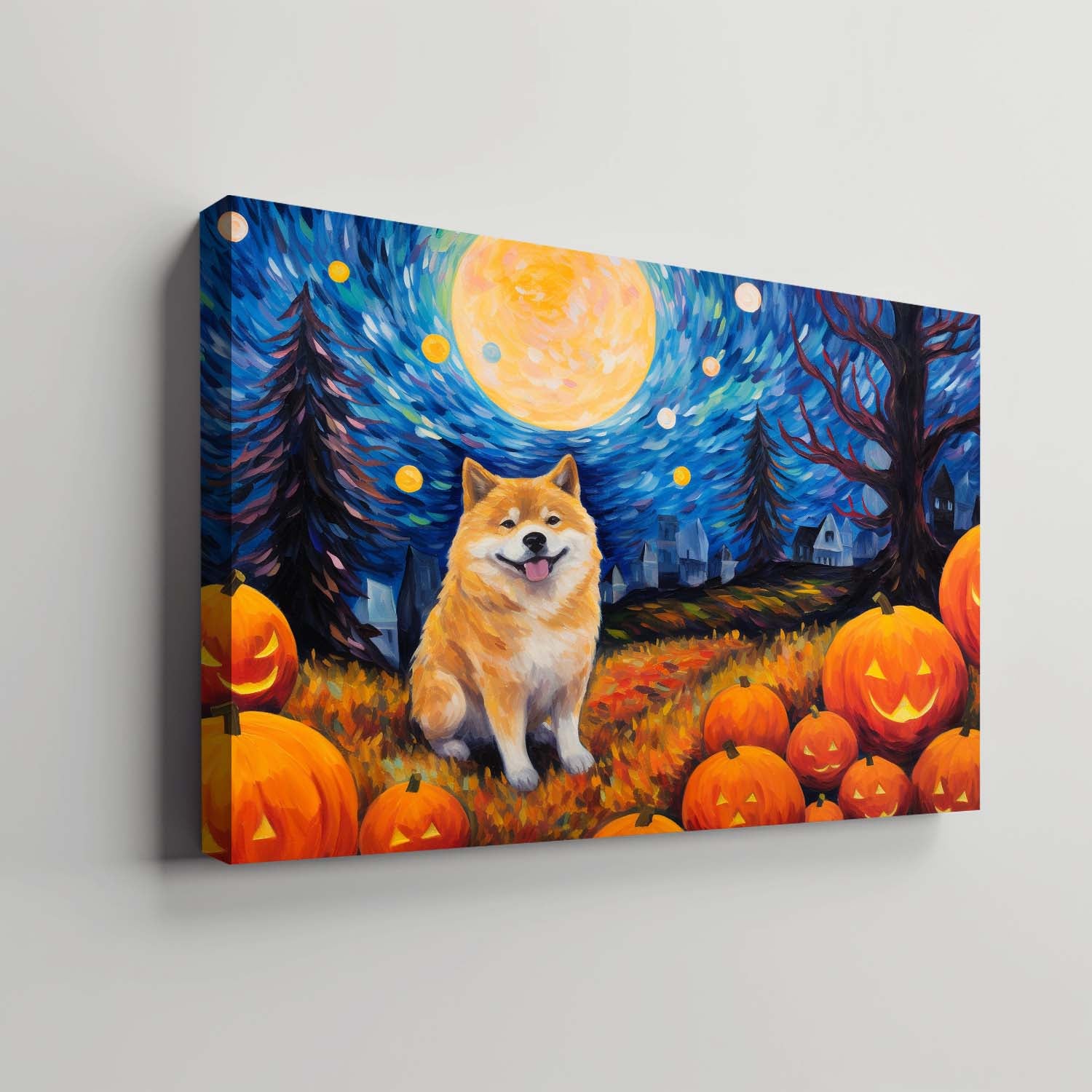 Akita Dog 02 Halloween With Pumpkin Oil Painting Van Goh Style, Wooden Canvas Prints Wall Art Painting , Canvas 3d Art