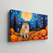 Akita Dog 02 Halloween With Pumpkin Oil Painting Van Goh Style, Wooden Canvas Prints Wall Art Painting , Canvas 3d Art