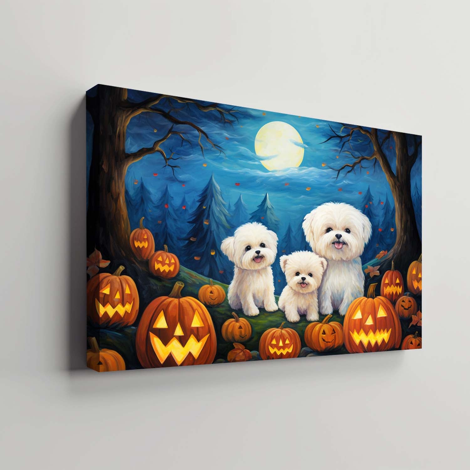 Bichons Frises Dog 02 Halloween With Pumpkin Oil Painting Van Goh Style, Wooden Canvas Prints Wall Art Painting , Canvas 3d Art