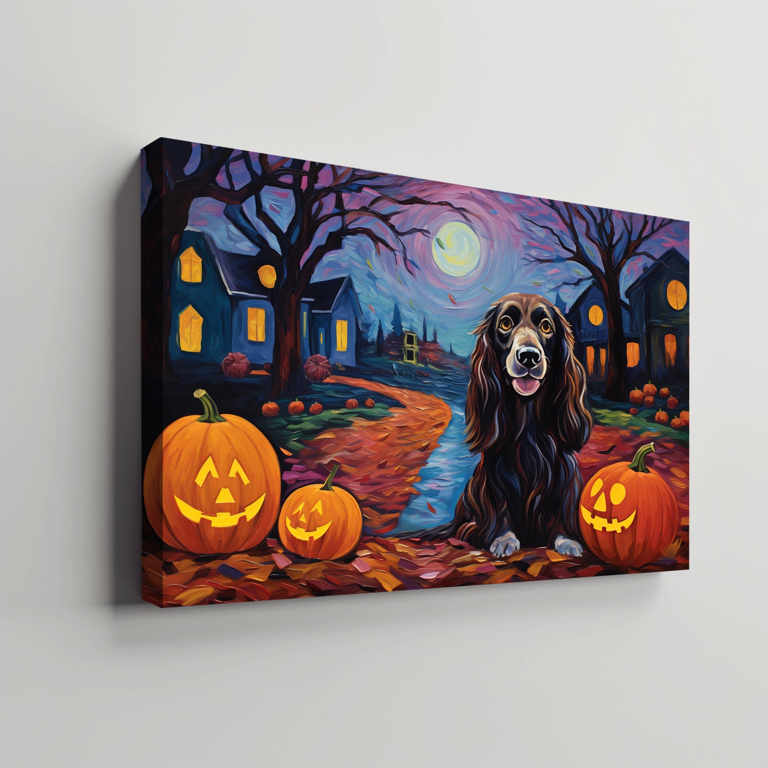 Gordon Setters Dog Halloween With Pumpkin Oil Painting Van Goh Style, Wooden Canvas Prints Wall Art Painting , Canvas 3d Art
