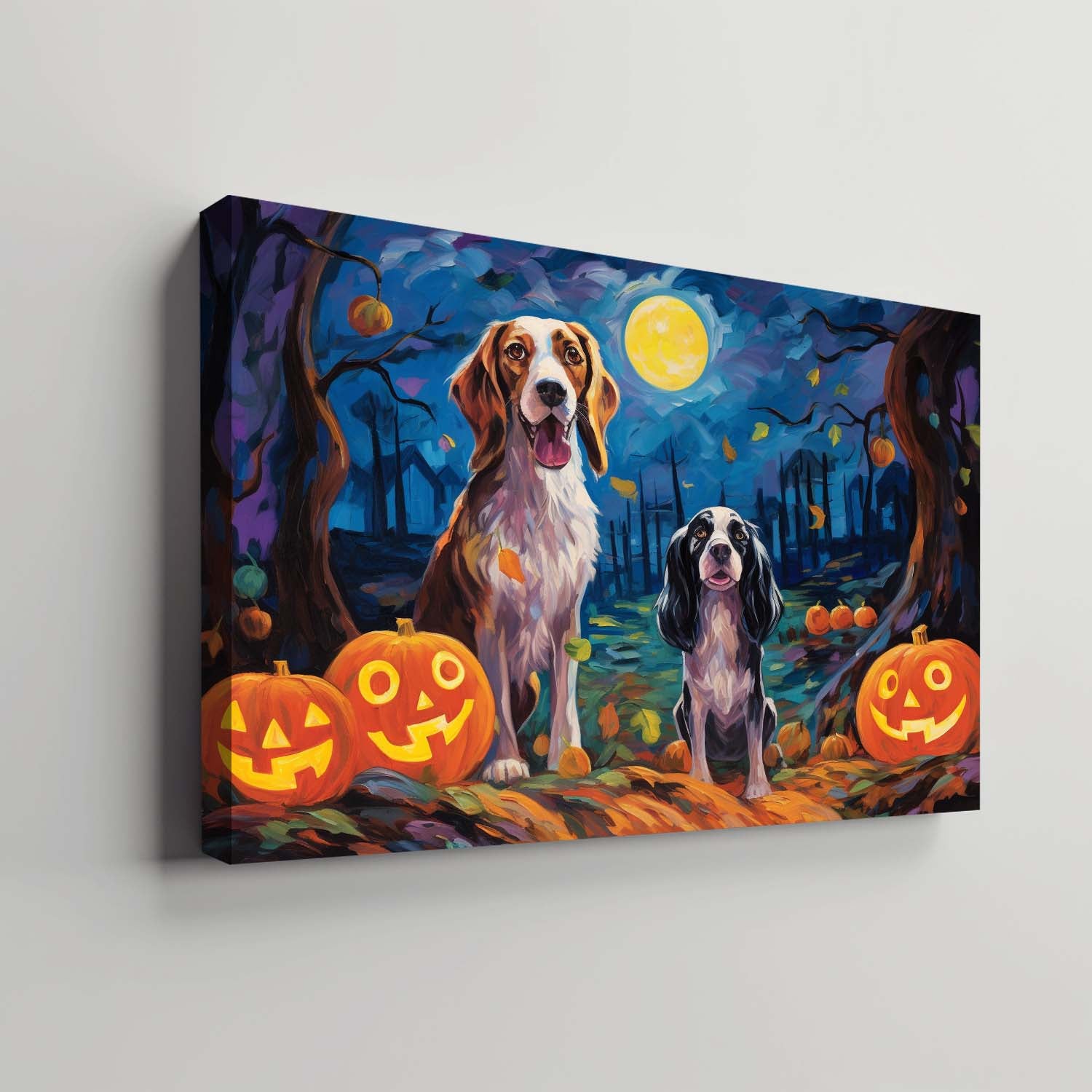 English Setters Dog 02 Halloween With Pumpkin Oil Painting Van Goh Style, Wooden Canvas Prints Wall Art Painting , Canvas 3d Art