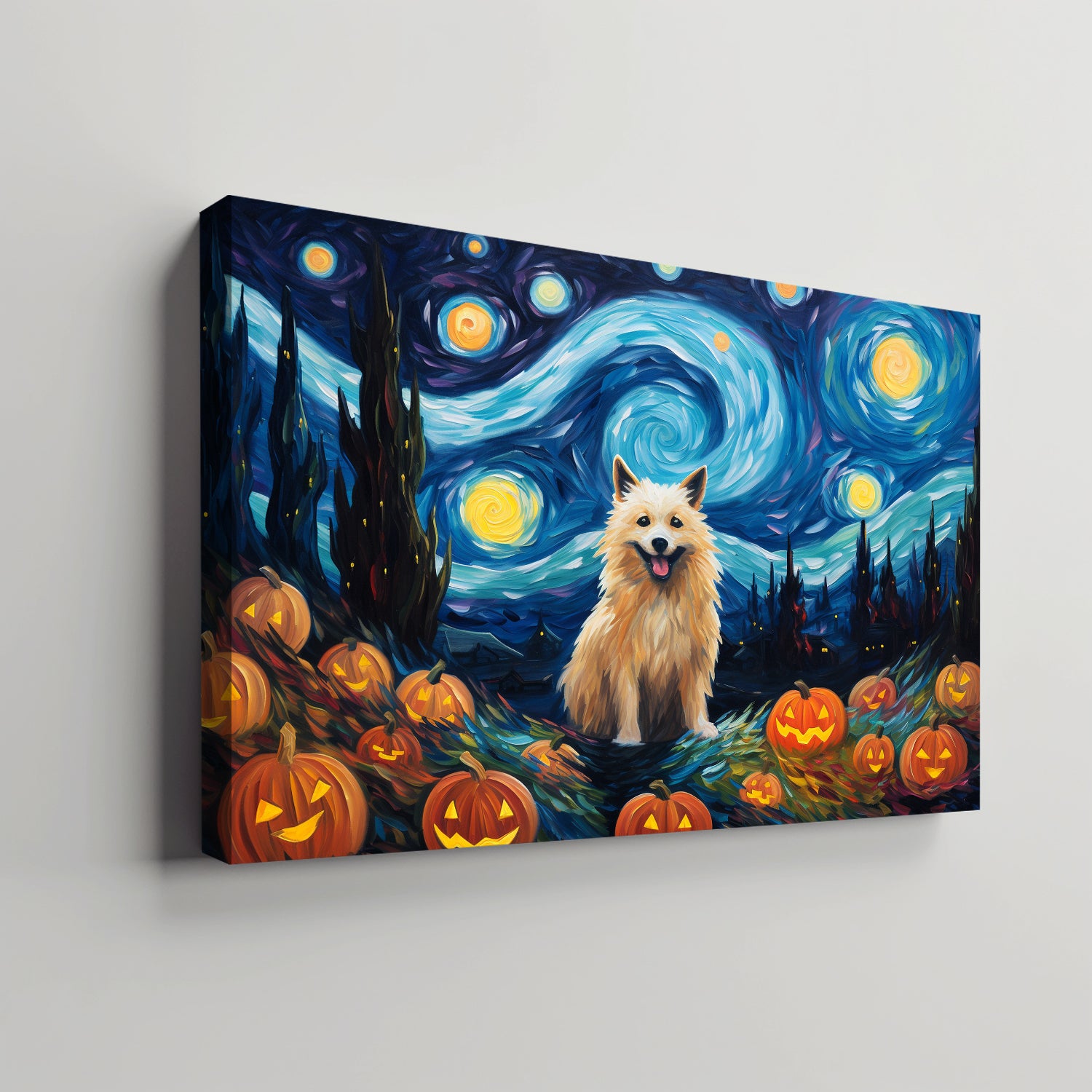 Norwegian Elkhounds Dog 02 Halloween With Pumpkin Oil Painting Van Goh Style, Wooden Canvas Prints Wall Art Painting , Canvas 3d Art
