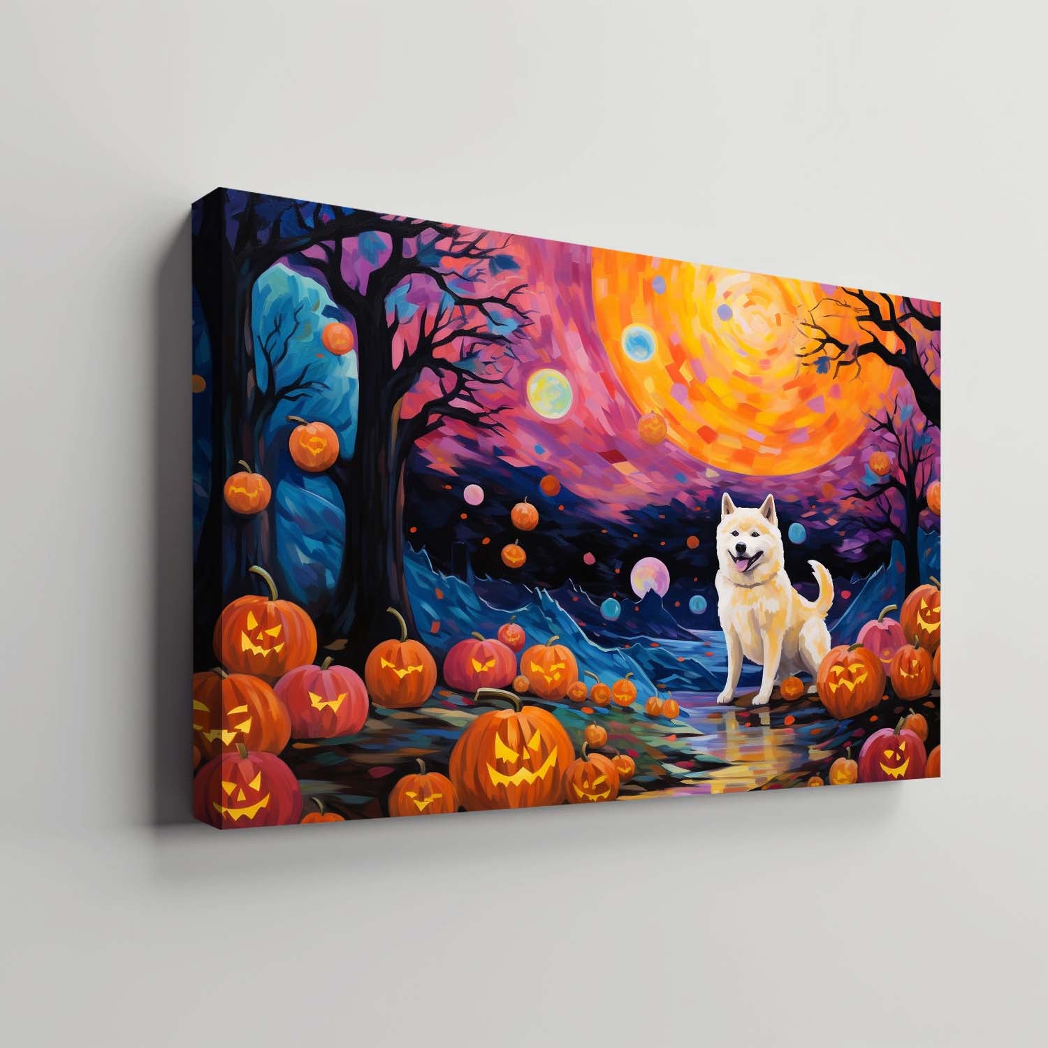 Akita Dog 01 Halloween With Pumpkin Oil Painting Van Goh Style, Wooden Canvas Prints Wall Art Painting , Canvas 3d Art
