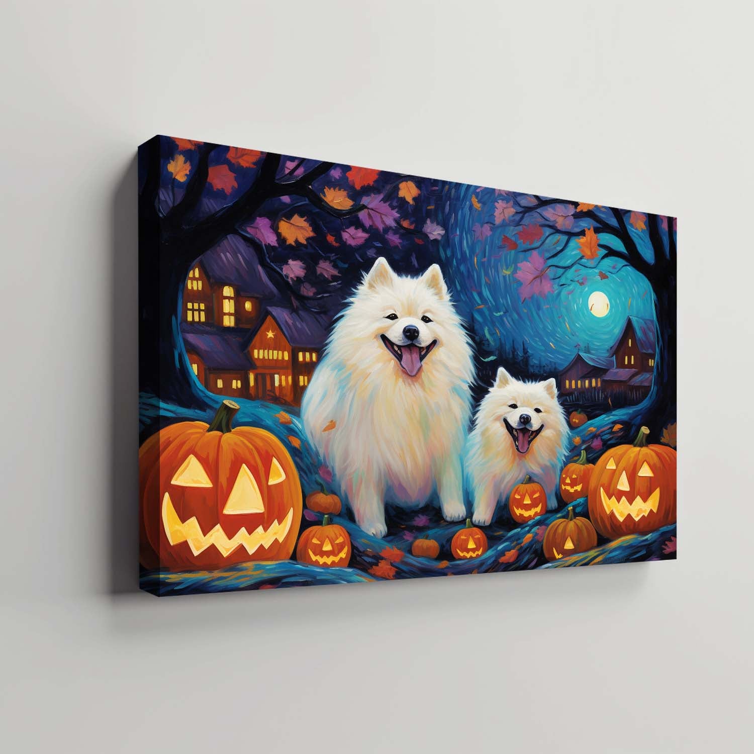 Samoyeds Dog 01 Halloween With Pumpkin Oil Painting Van Goh Style, Wooden Canvas Prints Wall Art Painting , Canvas 3d Art