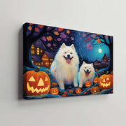 Samoyeds Dog 01 Halloween With Pumpkin Oil Painting Van Goh Style, Wooden Canvas Prints Wall Art Painting , Canvas 3d Art